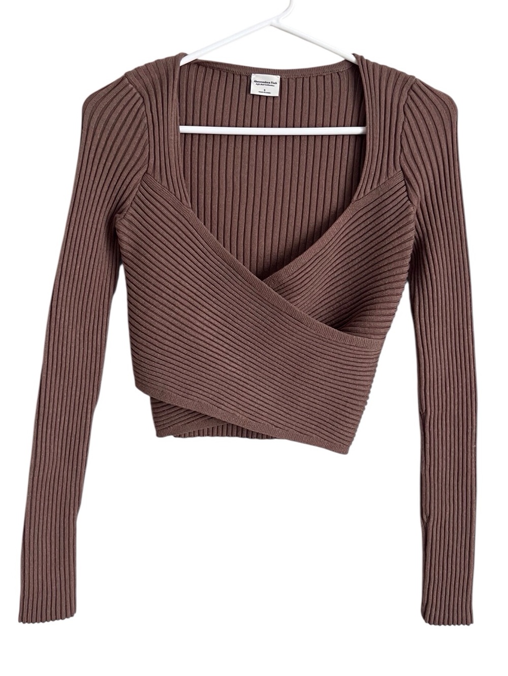 Abercrombie Brown Cross Front Knit Long Sleeve Top Neutral Crop Neutral Small